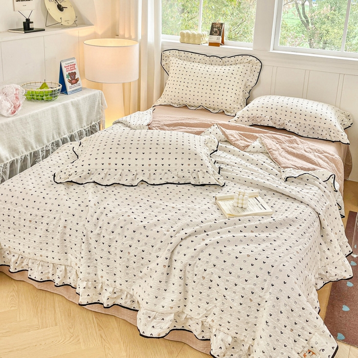 91家纺网 家纺一手货源 找家纺 利禾家纺 2026新款法式花边泡芙纱夏被四件套 心心相印