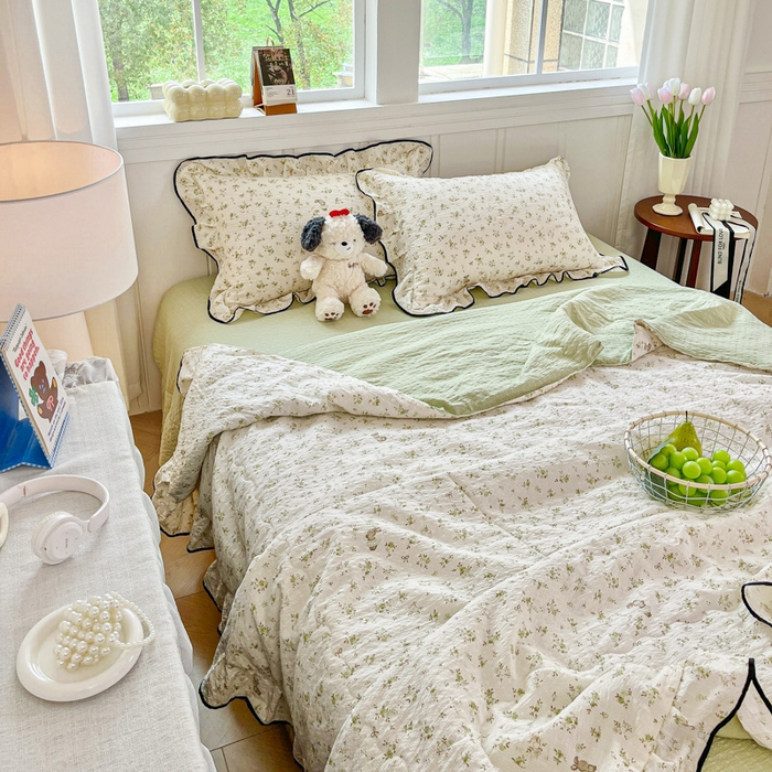 91家纺网 家纺一手货源 找家纺 利禾家纺 2026新款法式花边泡芙纱夏被四件套 叶初开