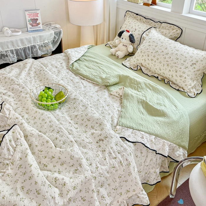 91家纺网 家纺一手货源 找家纺 利禾家纺 2026新款法式花边泡芙纱夏被四件套 叶初开