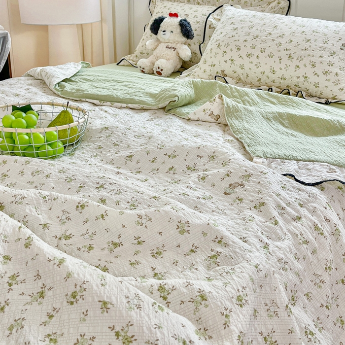 91家纺网 家纺一手货源 找家纺 利禾家纺 2026新款法式花边泡芙纱夏被四件套 叶初开