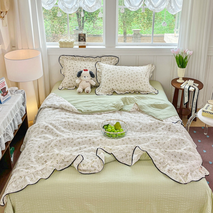 91家纺网 家纺一手货源 找家纺 利禾家纺 2026新款法式花边泡芙纱夏被四件套 叶初开