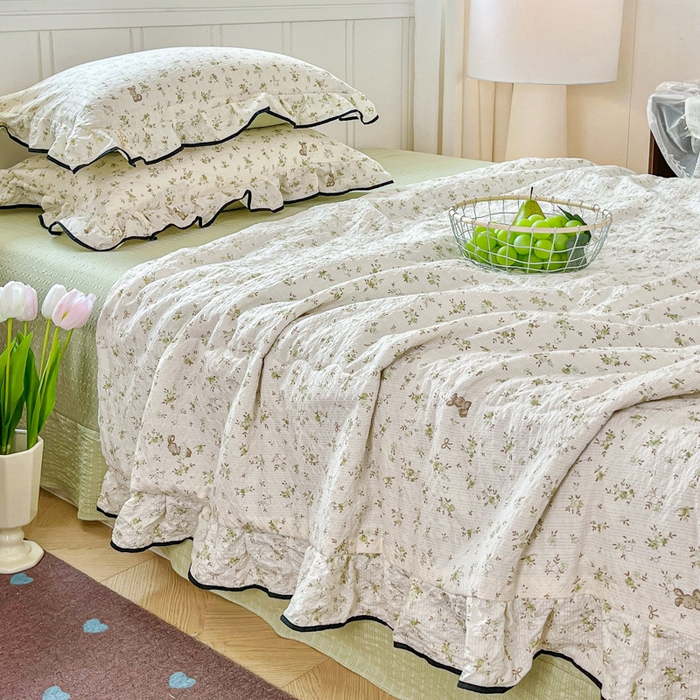 91家纺网 家纺一手货源 找家纺 利禾家纺 2026新款法式花边泡芙纱夏被四件套 叶初开