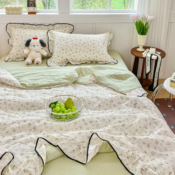 91家纺网 家纺一手货源 找家纺 利禾家纺 2026新款法式花边泡芙纱夏被四件套 叶初开