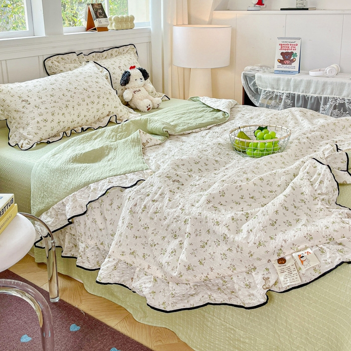 91家纺网 家纺一手货源 找家纺 利禾家纺 2026新款法式花边泡芙纱夏被四件套 叶初开