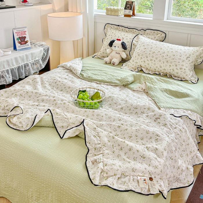 91家纺网 家纺一手货源 找家纺 利禾家纺 2026新款法式花边泡芙纱夏被四件套 叶初开