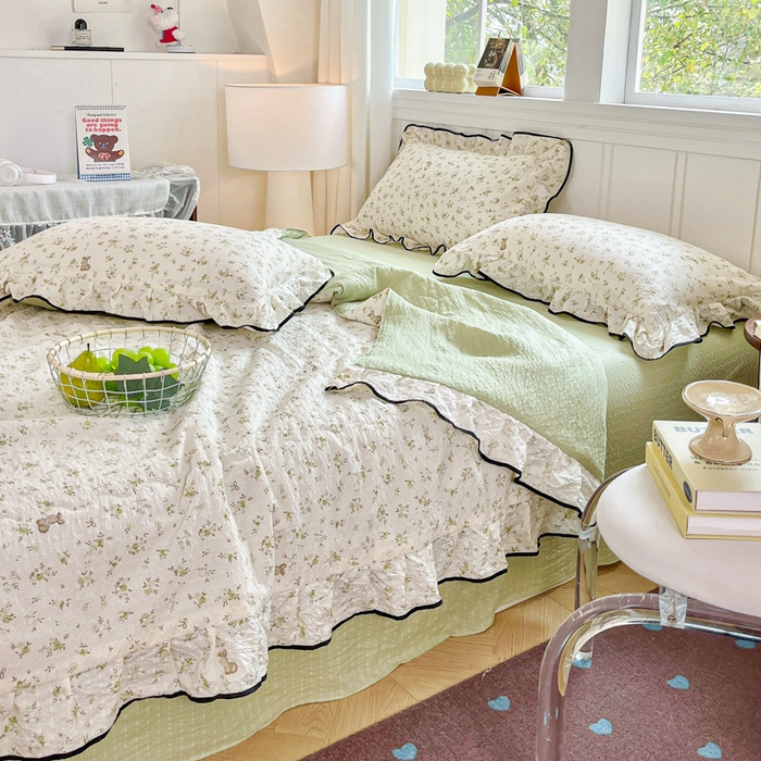 91家纺网 家纺一手货源 找家纺 利禾家纺 2026新款法式花边泡芙纱夏被四件套 叶初开