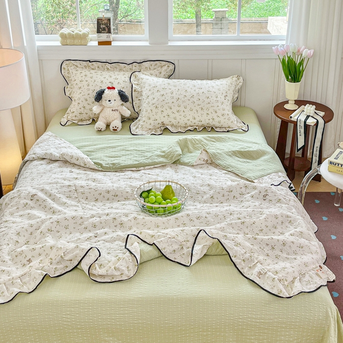 91家纺网 家纺一手货源 找家纺 利禾家纺 2026新款法式花边泡芙纱夏被四件套 叶初开