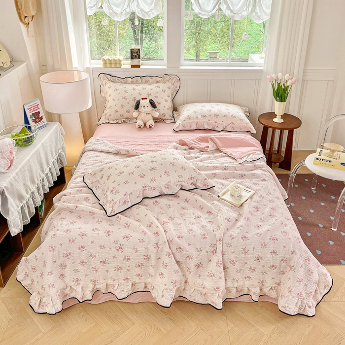 91家纺网 家纺一手货源 找家纺 利禾家纺 2026新款法式花边泡芙纱夏被四件套 月光