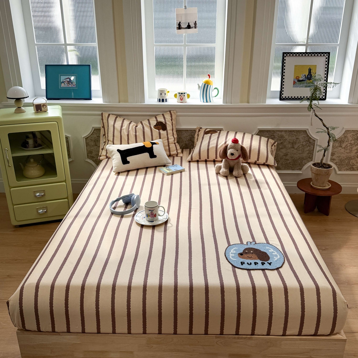 珺柔家纺 2026新款全棉老粗布床单床笠三件套 咖条puppy