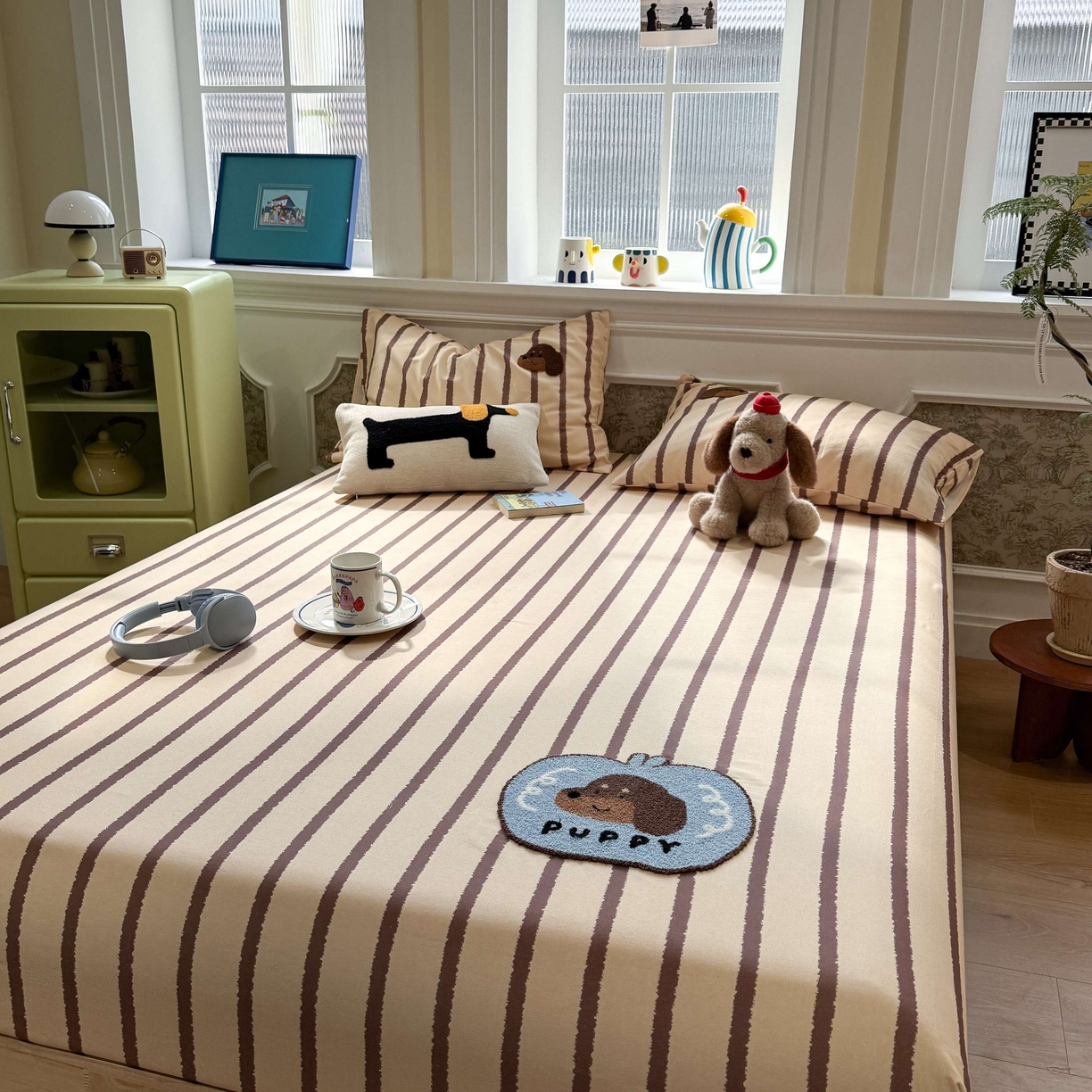 91家纺网 家纺一手货源 找家纺 珺柔家纺 2026新款全棉老粗布床单床笠三件套 咖条puppy