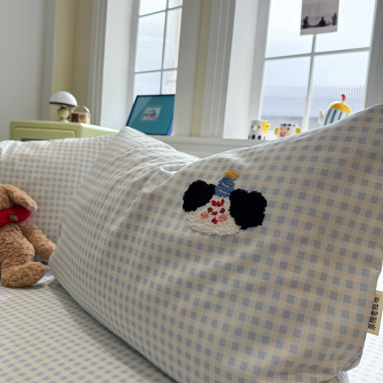 91家纺网 家纺一手货源 找家纺 珺柔家纺 2026新款全棉老粗布床单床笠三件套 蓝格苹果小狗