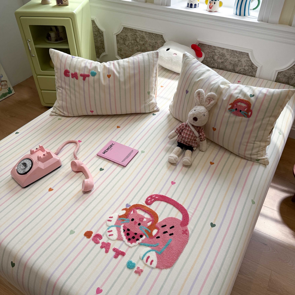 91家纺网 家纺一手货源 找家纺 珺柔家纺 2026新款全棉老粗布床单床笠三件套 音乐小猫