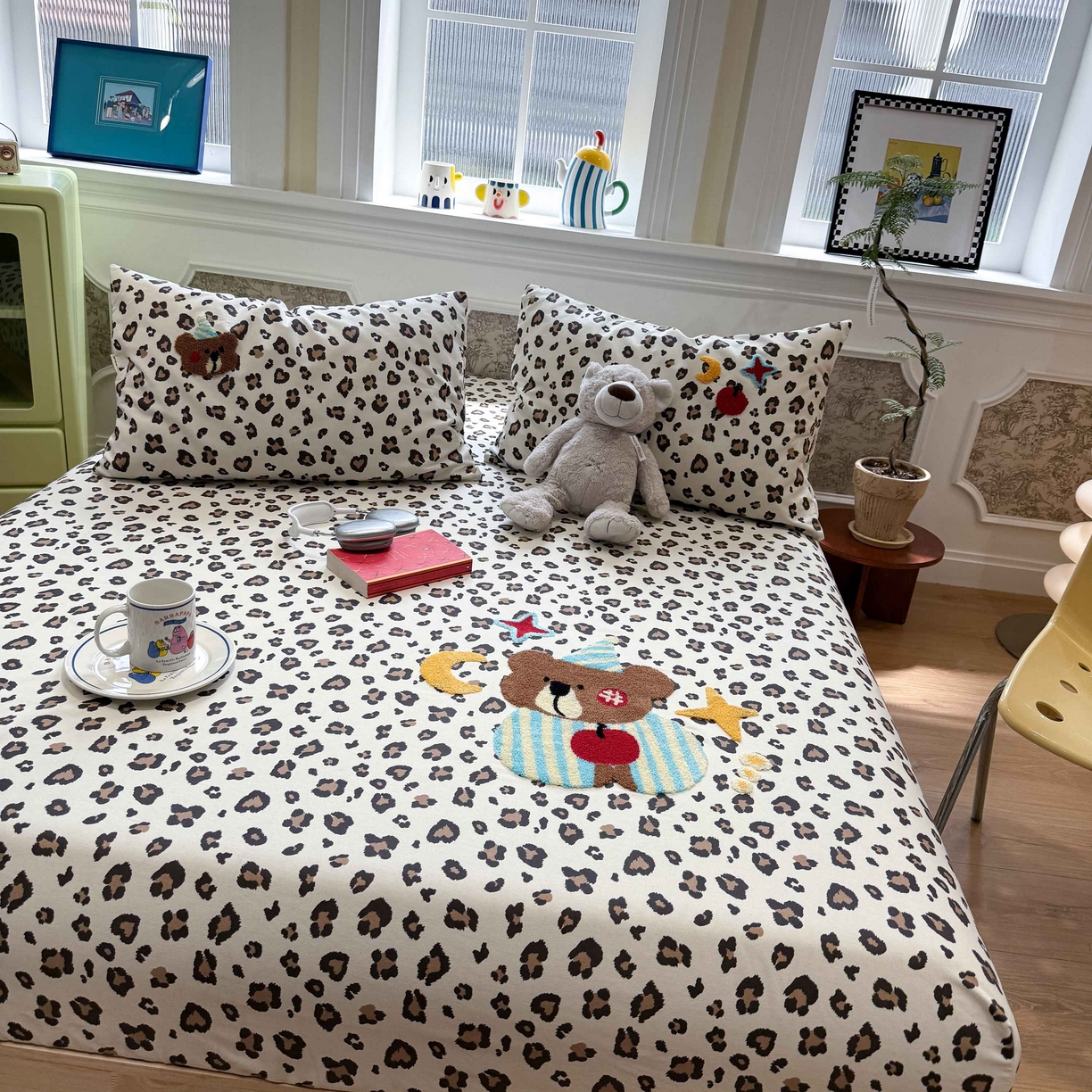 91家纺网 家纺一手货源 找家纺 珺柔家纺 2026新款全棉老粗布床单床笠三件套 豹纹睡衣熊