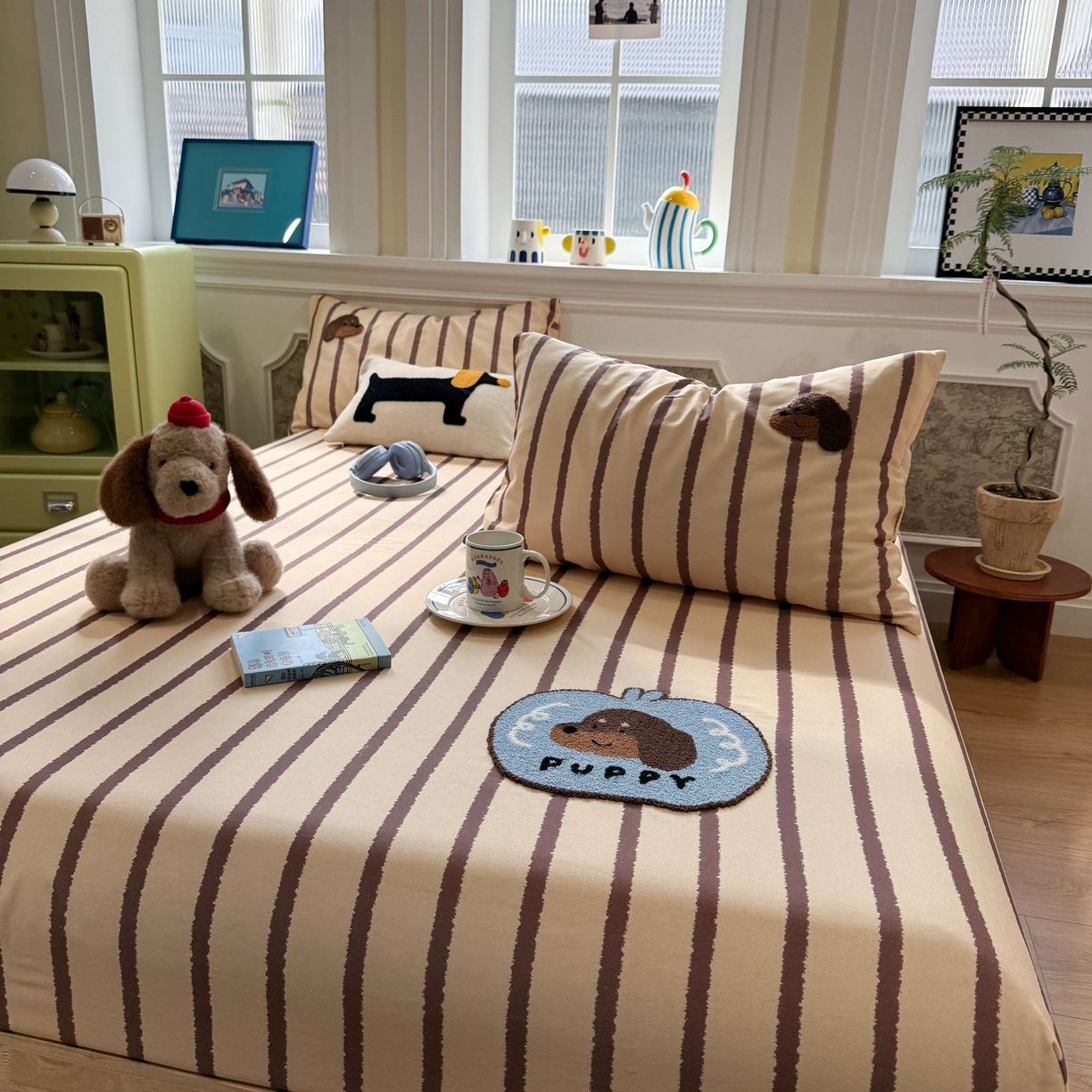 91家纺网 家纺一手货源 找家纺 珺柔家纺 2026新款全棉老粗布床单床笠三件套 咖条puppy