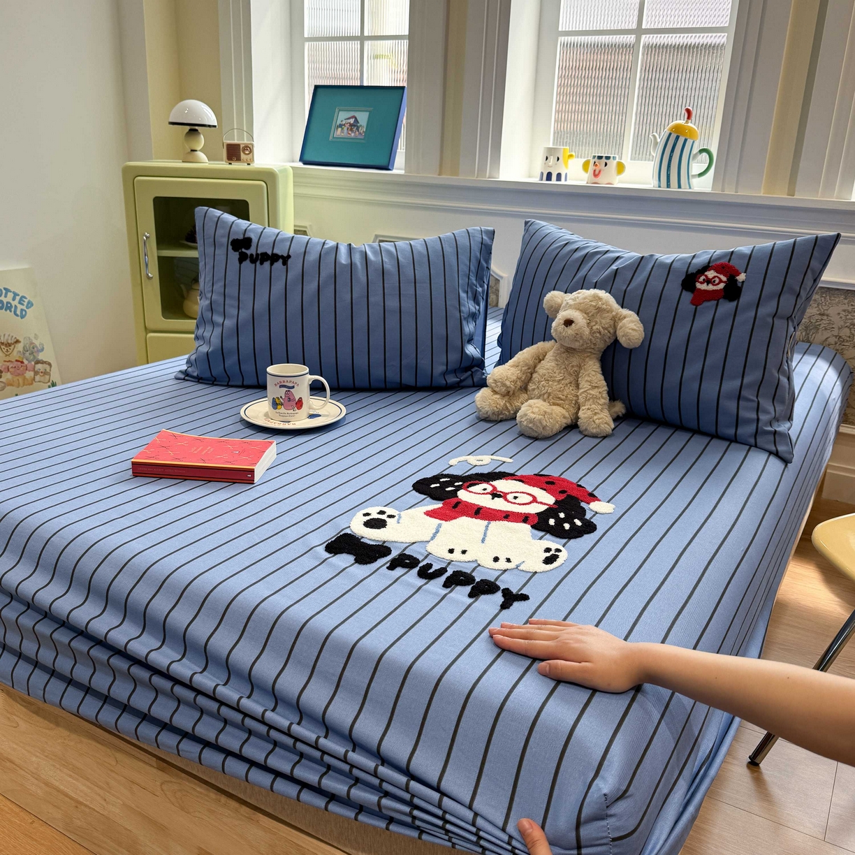 91家纺网 家纺一手货源 找家纺 珺柔家纺 2026新款全棉老粗布床单床笠三件套 斑点狗