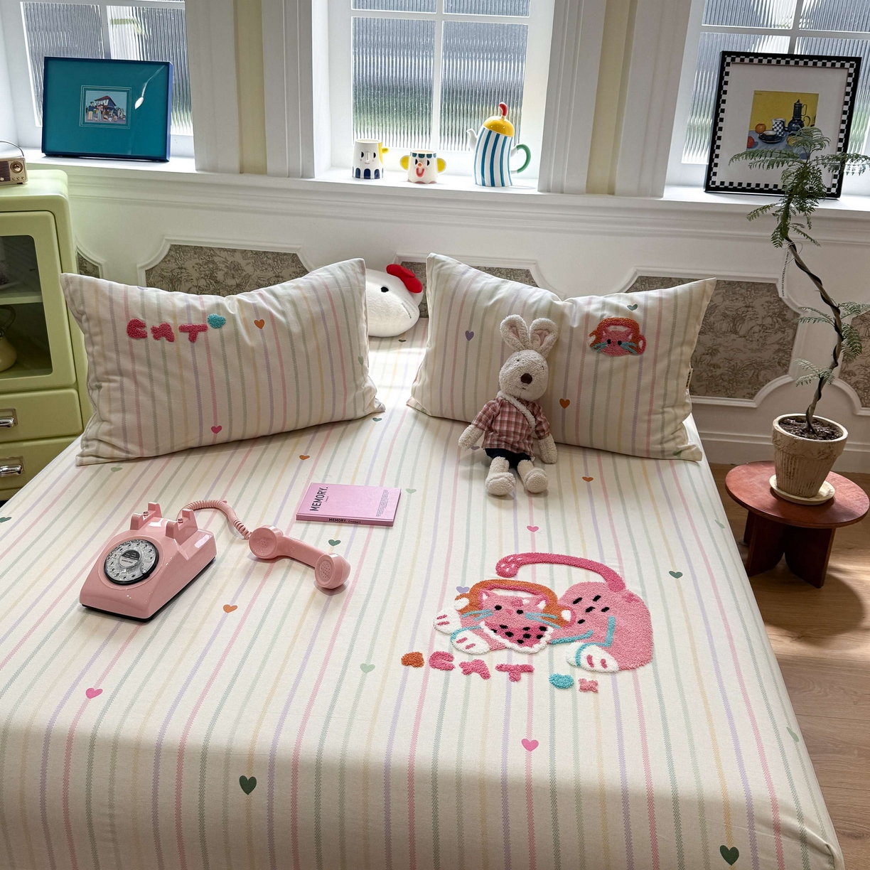 91家纺网 家纺一手货源 找家纺 珺柔家纺 2026新款全棉老粗布床单床笠三件套 音乐小猫