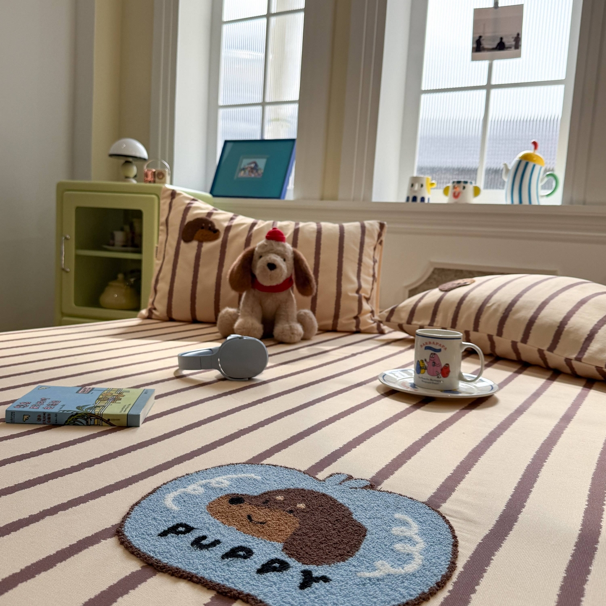 91家纺网 家纺一手货源 找家纺 珺柔家纺 2026新款全棉老粗布床单床笠三件套 咖条puppy