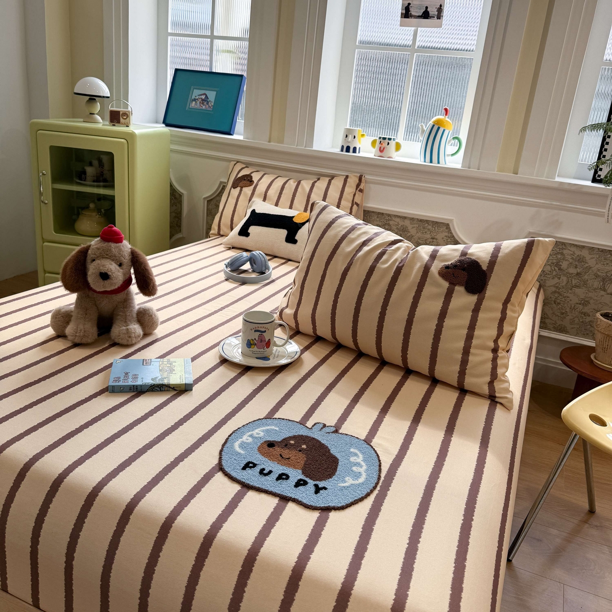 91家纺网 家纺一手货源 找家纺 珺柔家纺 2026新款全棉老粗布床单床笠三件套 咖条puppy