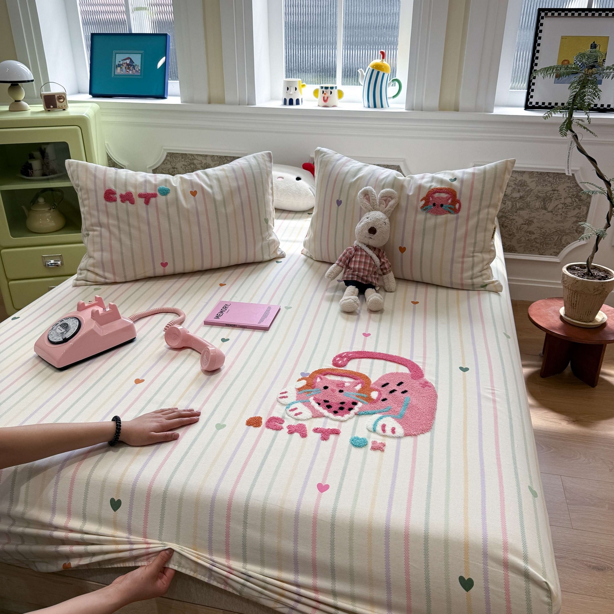 91家纺网 家纺一手货源 找家纺 珺柔家纺 2026新款全棉老粗布床单床笠三件套 音乐小猫