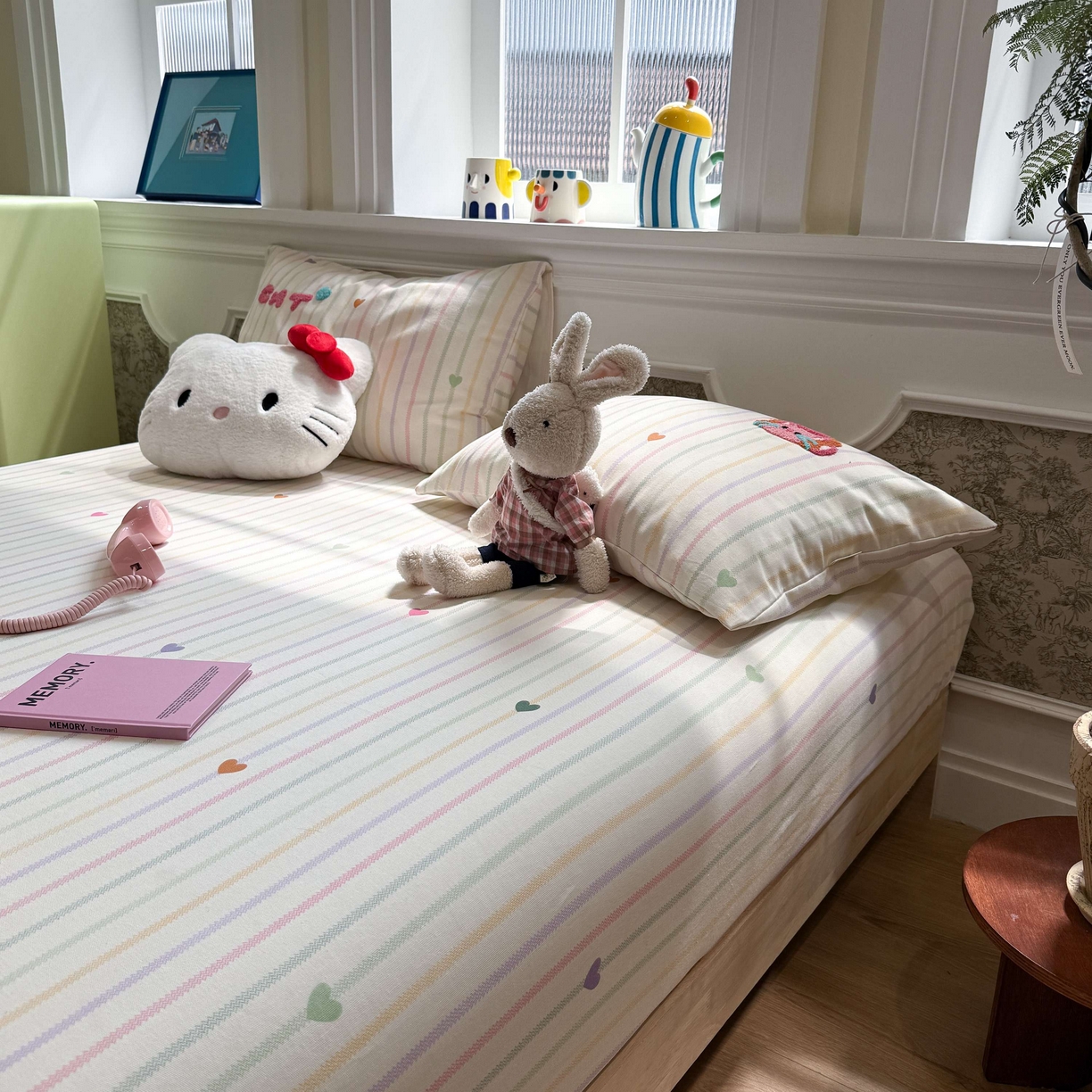 91家纺网 家纺一手货源 找家纺 珺柔家纺 2026新款全棉老粗布床单床笠三件套 音乐小猫