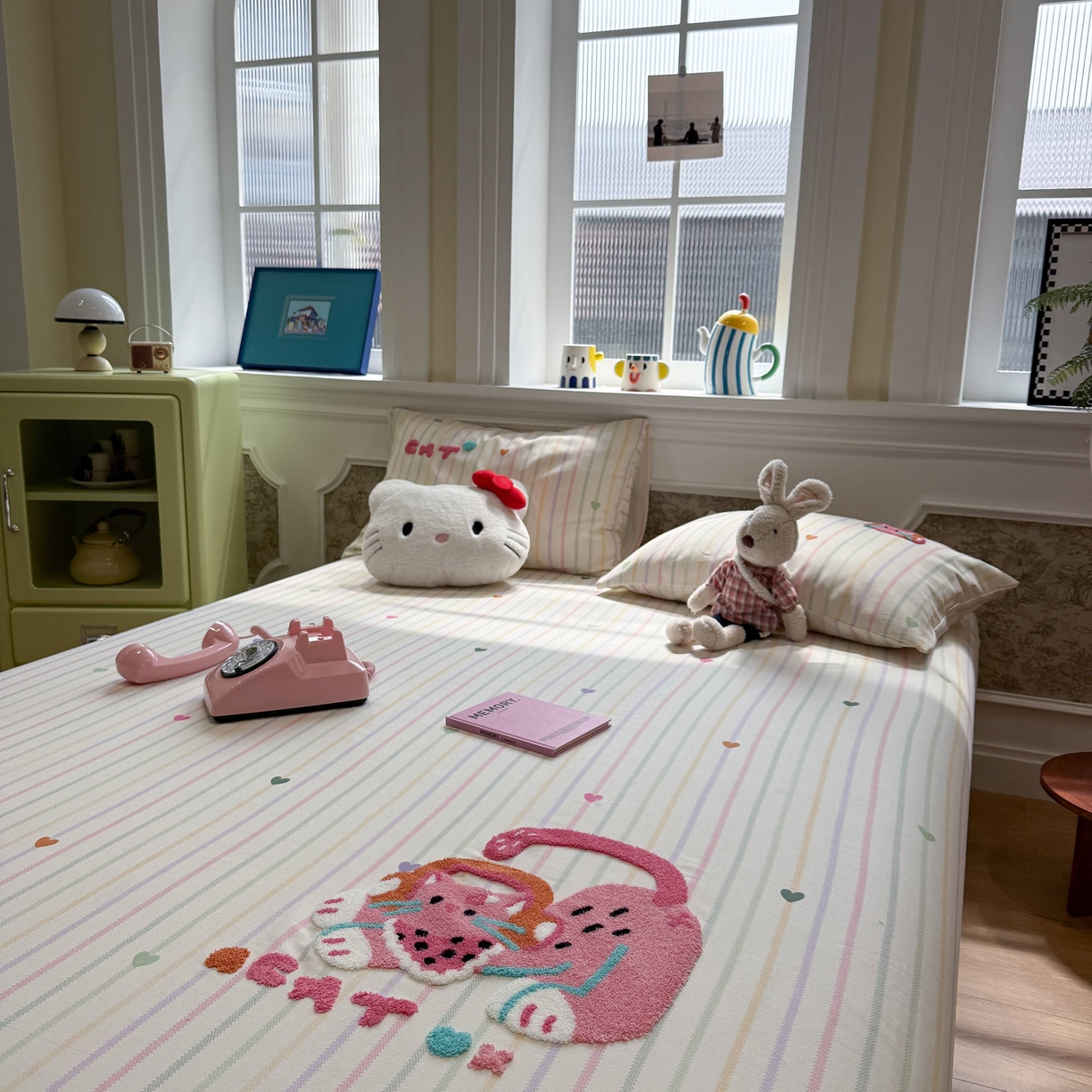 91家纺网 家纺一手货源 找家纺 珺柔家纺 2026新款全棉老粗布床单床笠三件套 音乐小猫