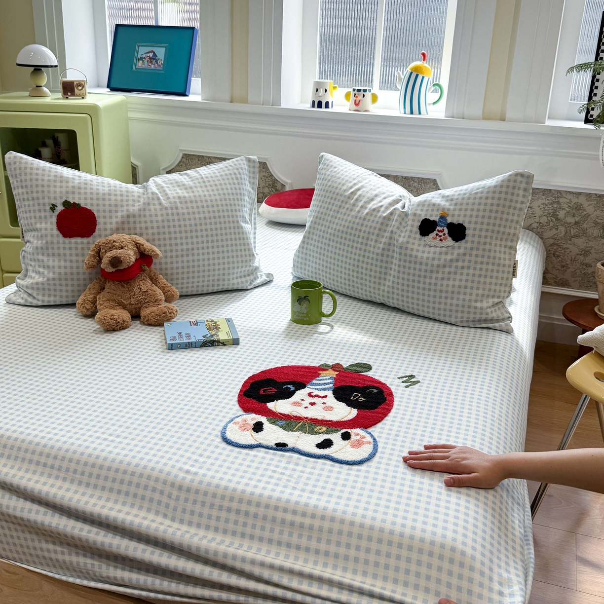 91家纺网 家纺一手货源 找家纺 珺柔家纺 2026新款全棉老粗布床单床笠三件套 蓝格苹果小狗