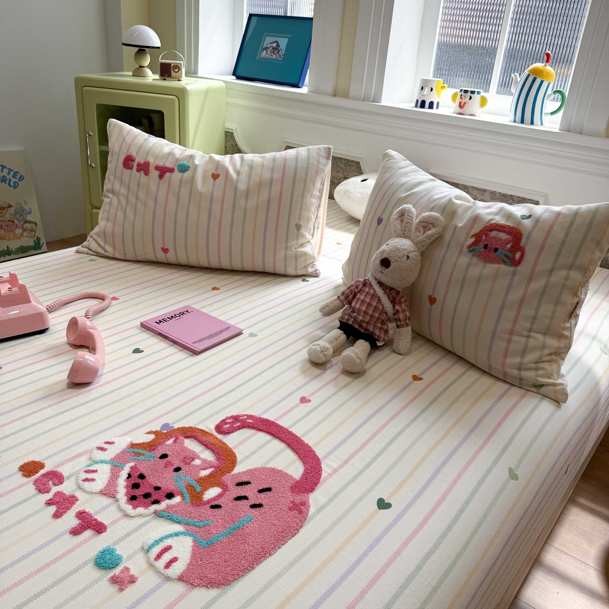 91家纺网 家纺一手货源 找家纺 珺柔家纺 2026新款全棉老粗布床单床笠三件套 音乐小猫