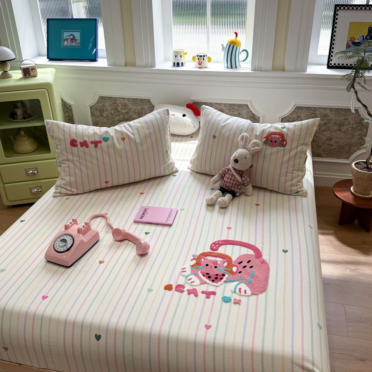 91家纺网 家纺一手货源 找家纺 珺柔家纺 2026新款全棉老粗布床单床笠三件套 音乐小猫