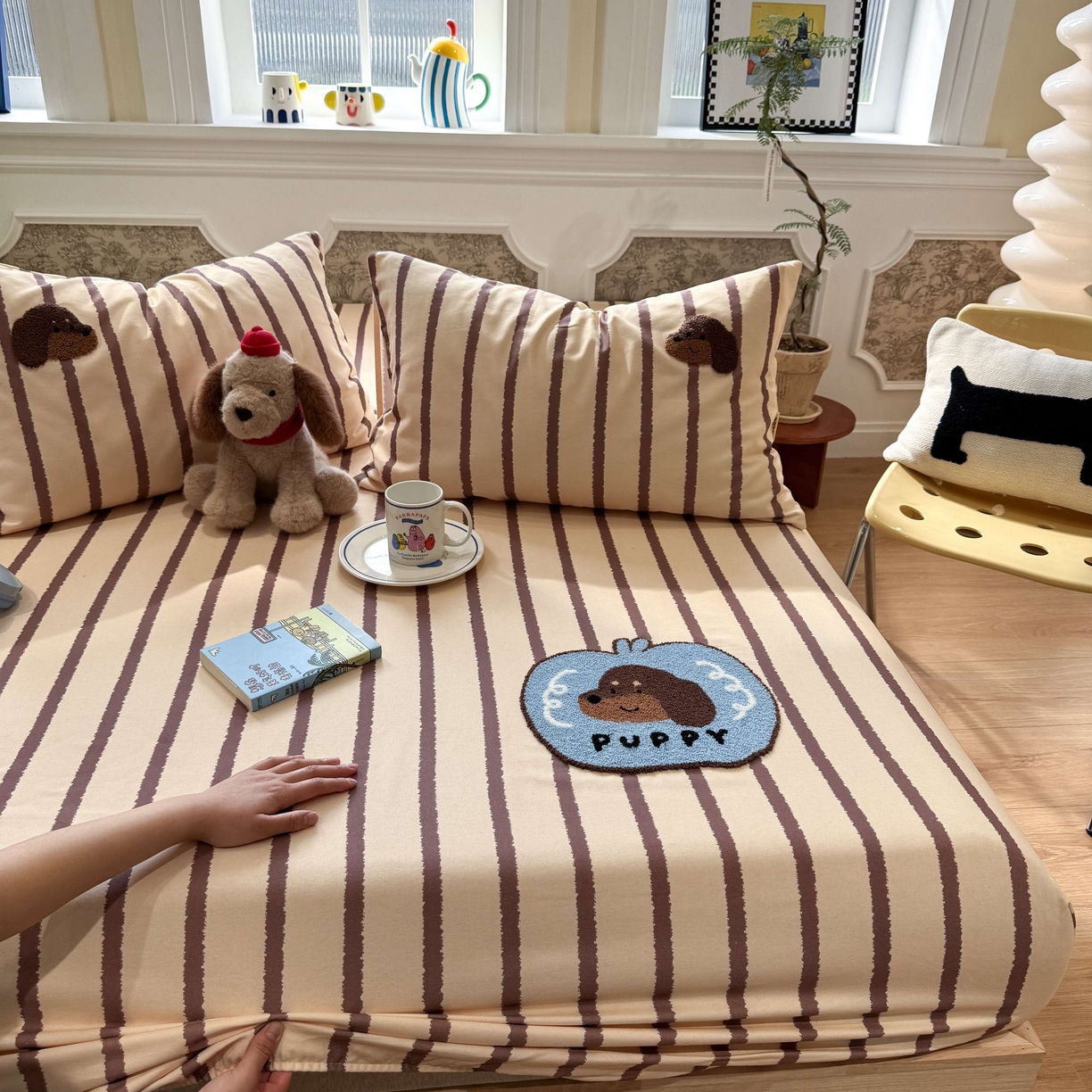 91家纺网 家纺一手货源 找家纺 珺柔家纺 2026新款全棉老粗布床单床笠三件套 咖条puppy