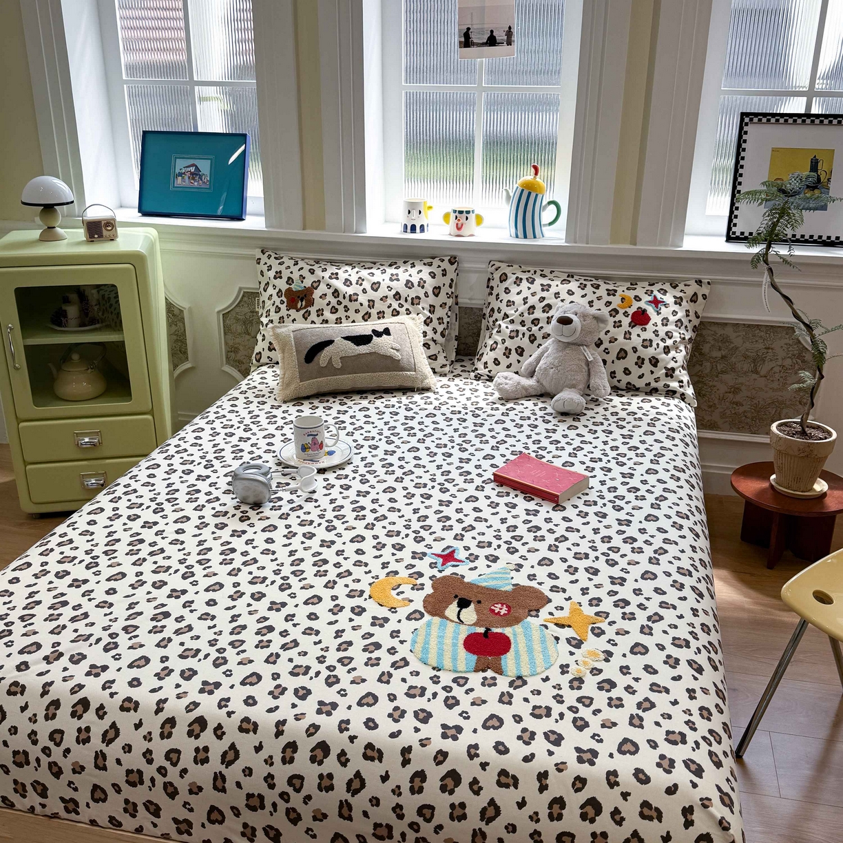 91家纺网 家纺一手货源 找家纺 珺柔家纺 2026新款全棉老粗布床单床笠三件套 豹纹睡衣熊