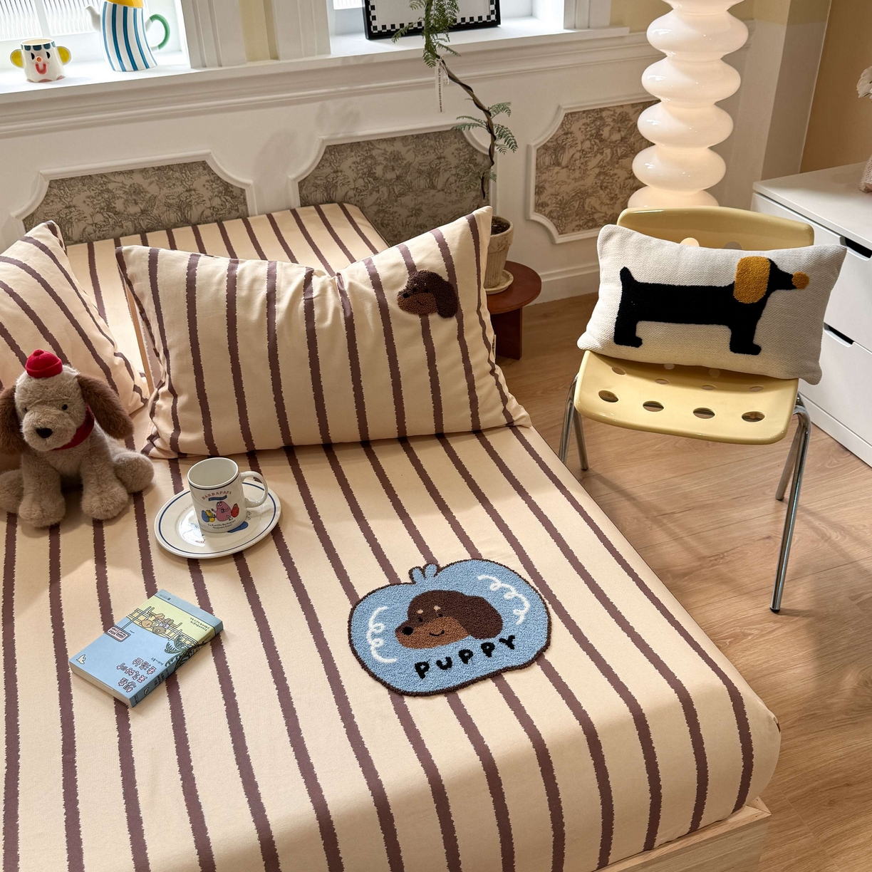 91家纺网 家纺一手货源 找家纺 珺柔家纺 2026新款全棉老粗布床单床笠三件套 咖条puppy