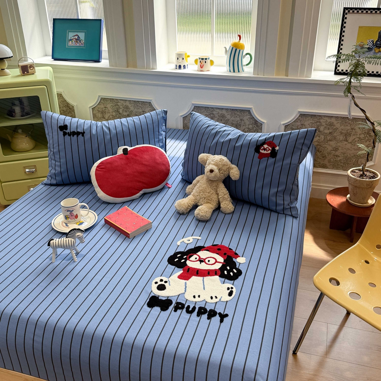 91家纺网 家纺一手货源 找家纺 珺柔家纺 2026新款全棉老粗布床单床笠三件套 斑点狗