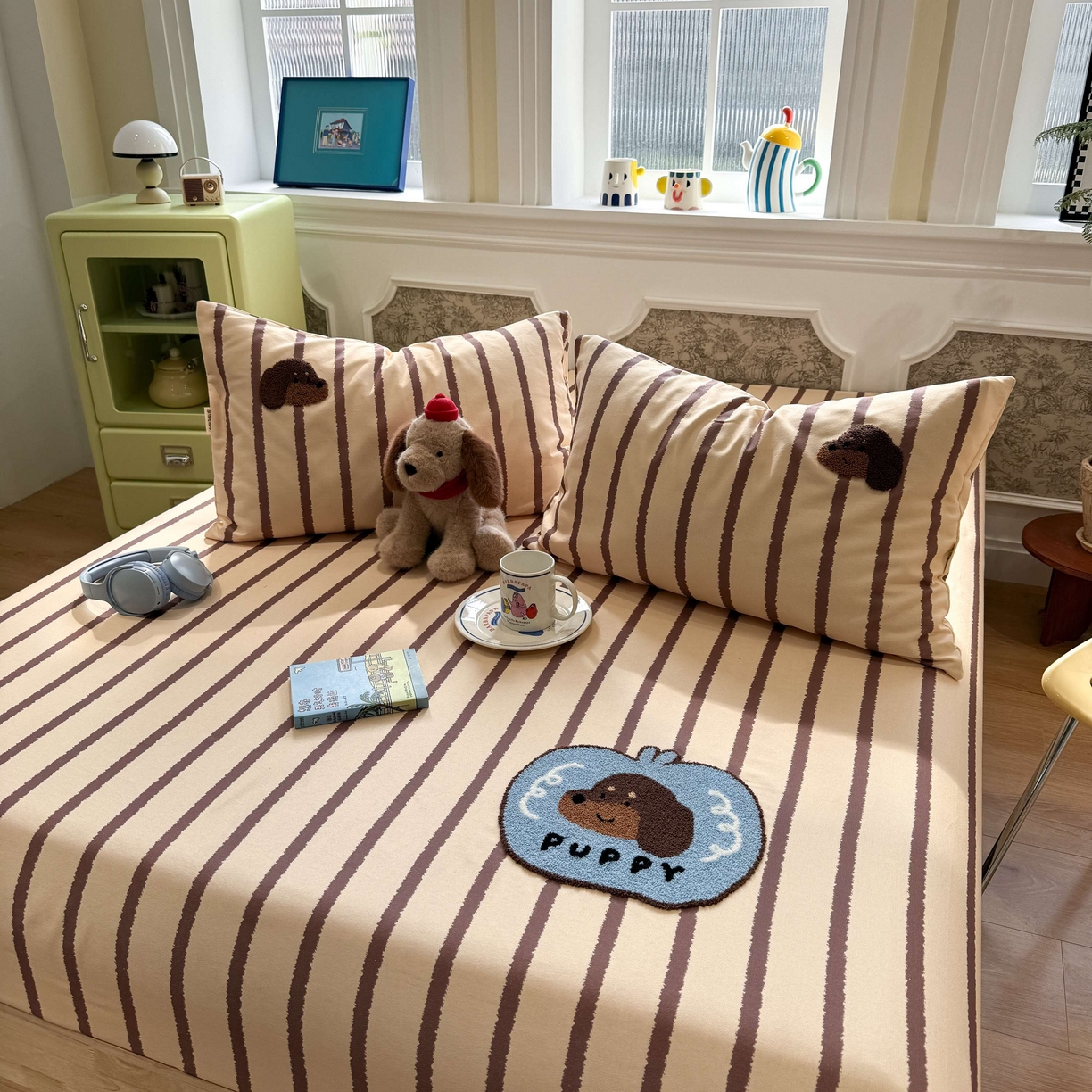 91家纺网 家纺一手货源 找家纺 珺柔家纺 2026新款全棉老粗布床单床笠三件套 咖条puppy