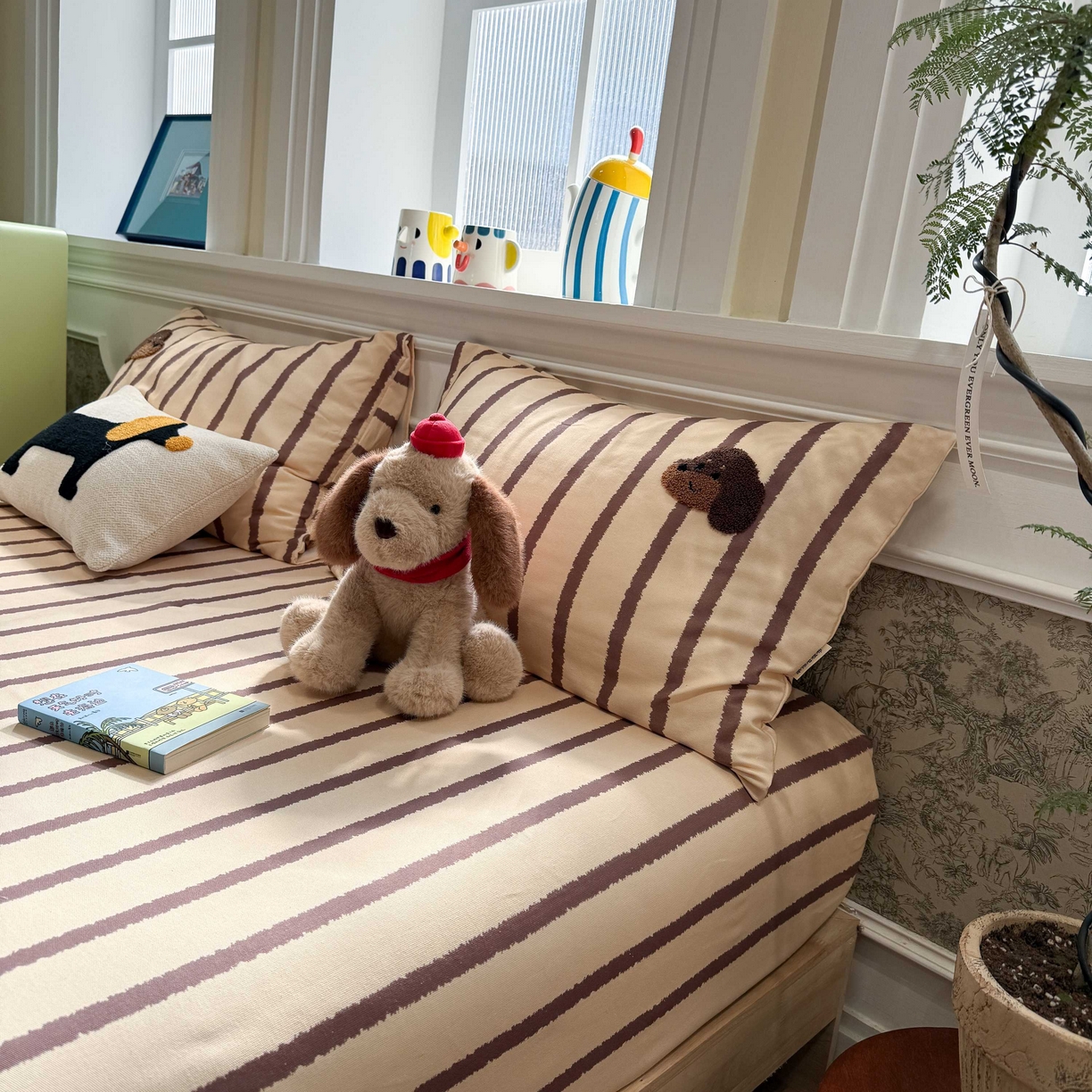 91家纺网 家纺一手货源 找家纺 珺柔家纺 2026新款全棉老粗布床单床笠三件套 咖条puppy