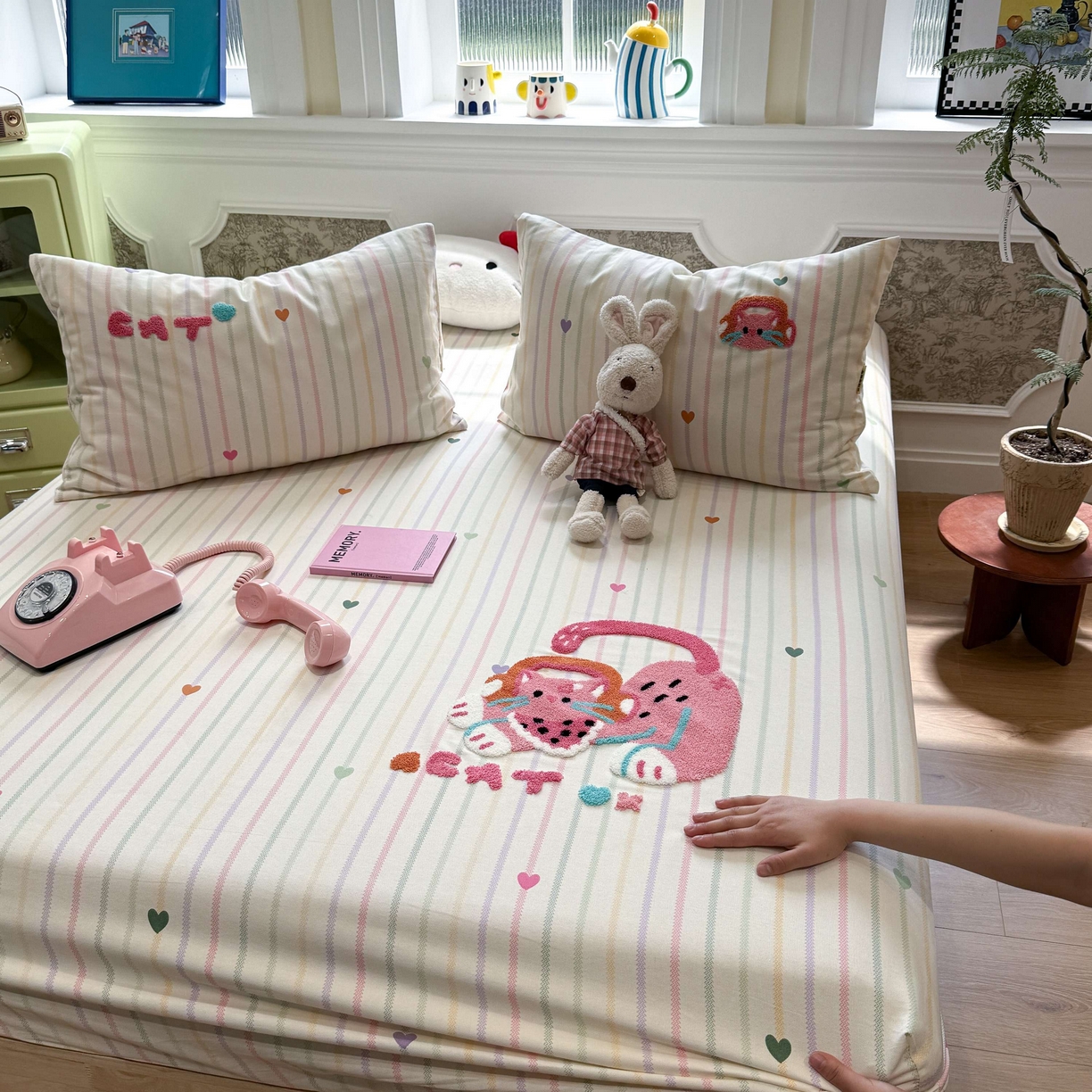 91家纺网 家纺一手货源 找家纺 珺柔家纺 2026新款全棉老粗布床单床笠三件套 音乐小猫