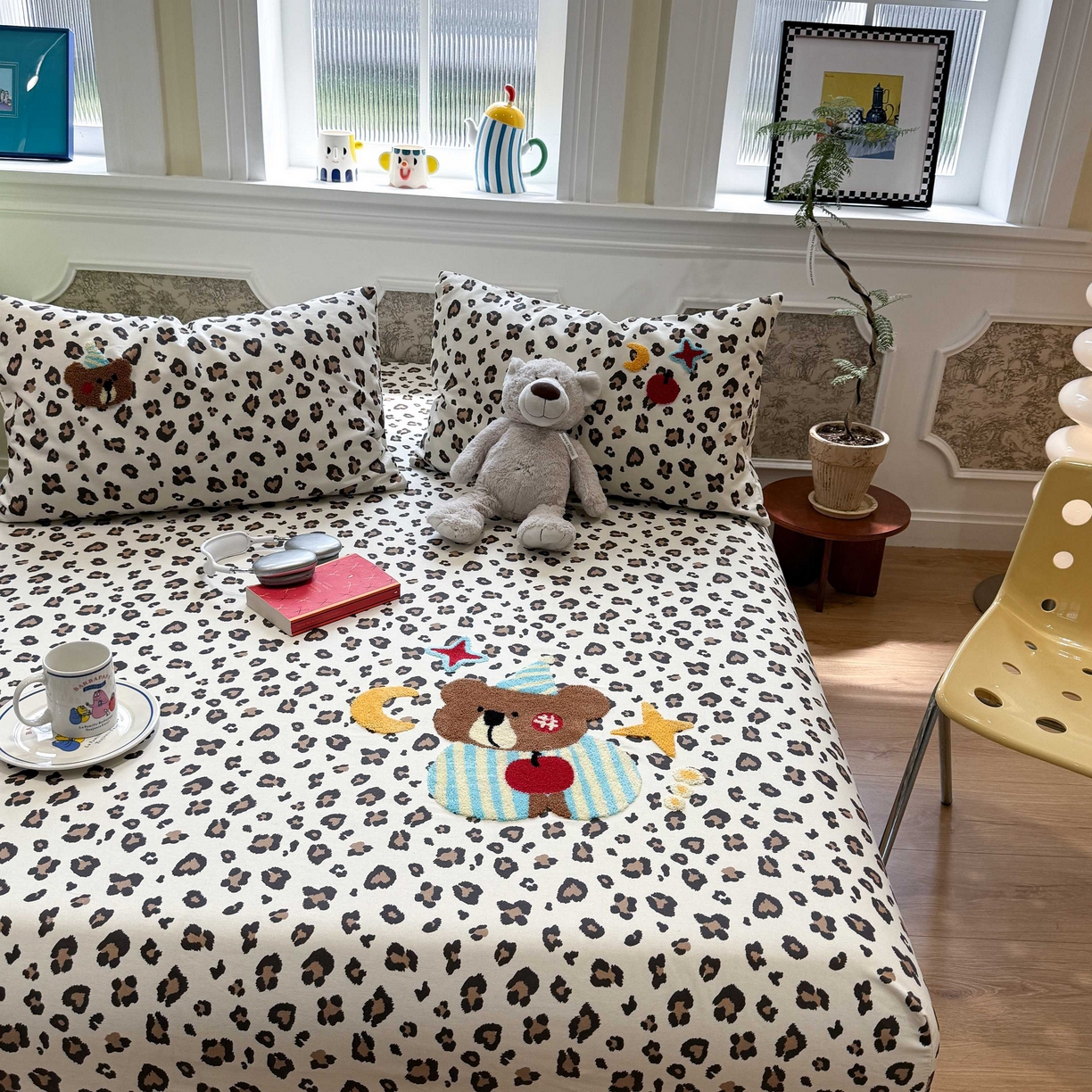 91家纺网 家纺一手货源 找家纺 珺柔家纺 2026新款全棉老粗布床单床笠三件套 豹纹睡衣熊