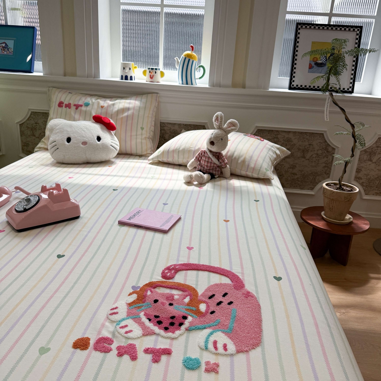 91家纺网 家纺一手货源 找家纺 珺柔家纺 2026新款全棉老粗布床单床笠三件套 音乐小猫