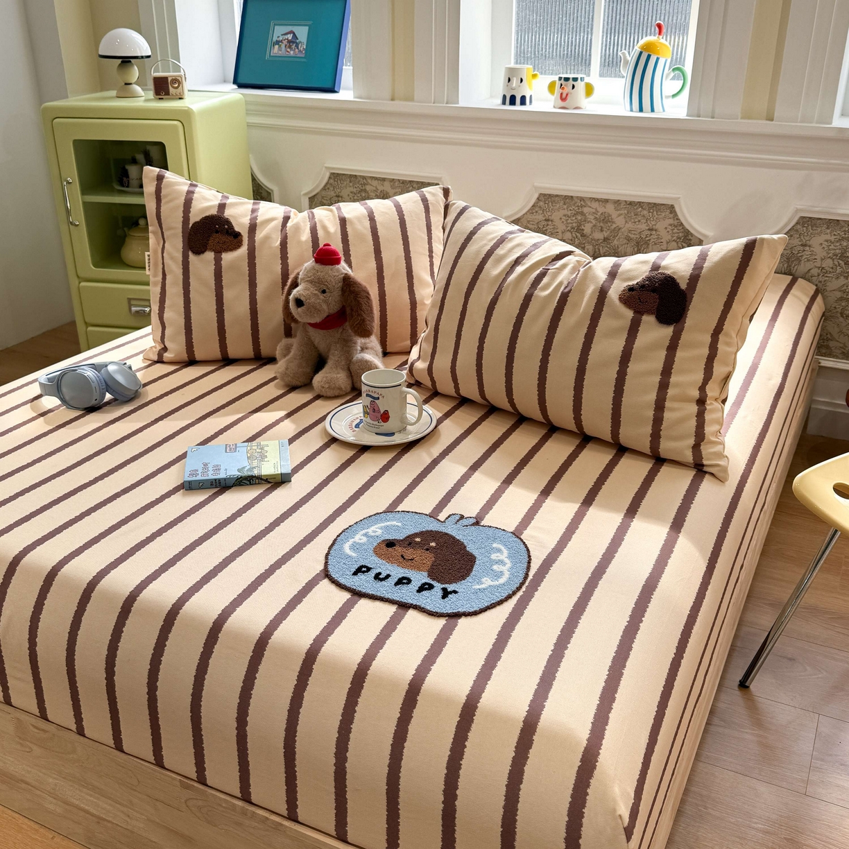 91家纺网 家纺一手货源 找家纺 珺柔家纺 2026新款全棉老粗布床单床笠三件套 咖条puppy