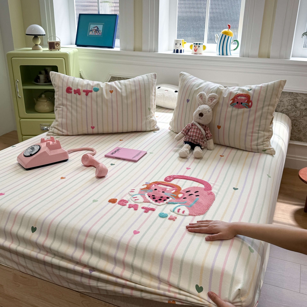 91家纺网 家纺一手货源 找家纺 珺柔家纺 2026新款全棉老粗布床单床笠三件套 音乐小猫