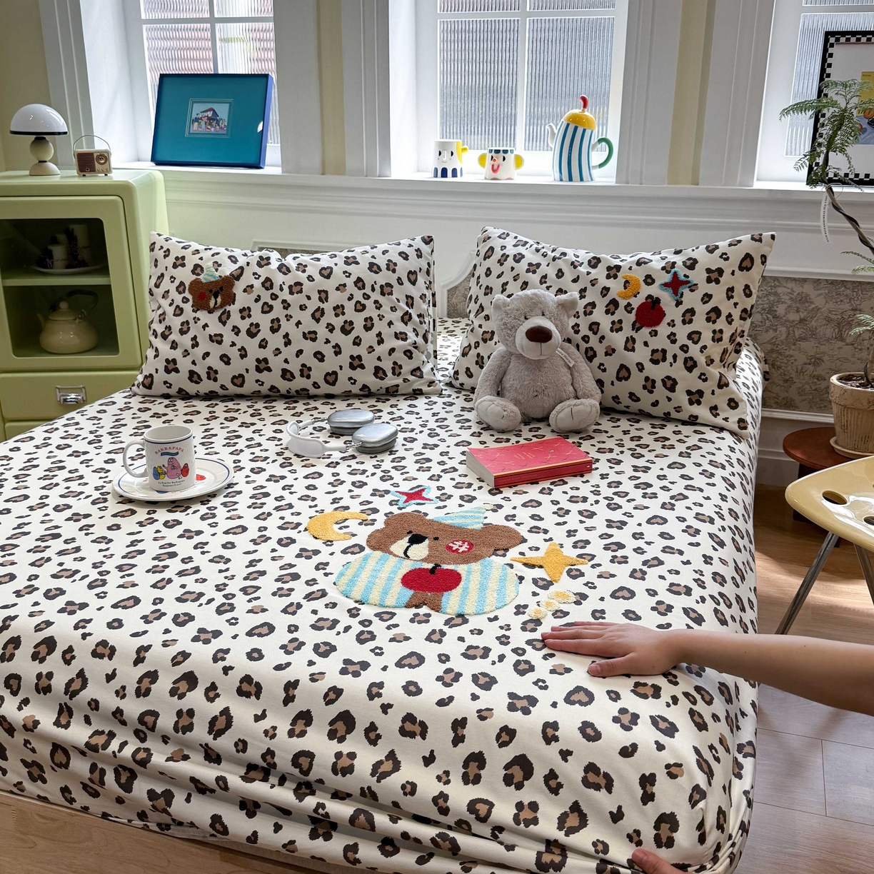 91家纺网 家纺一手货源 找家纺 珺柔家纺 2026新款全棉老粗布床单床笠三件套 豹纹睡衣熊