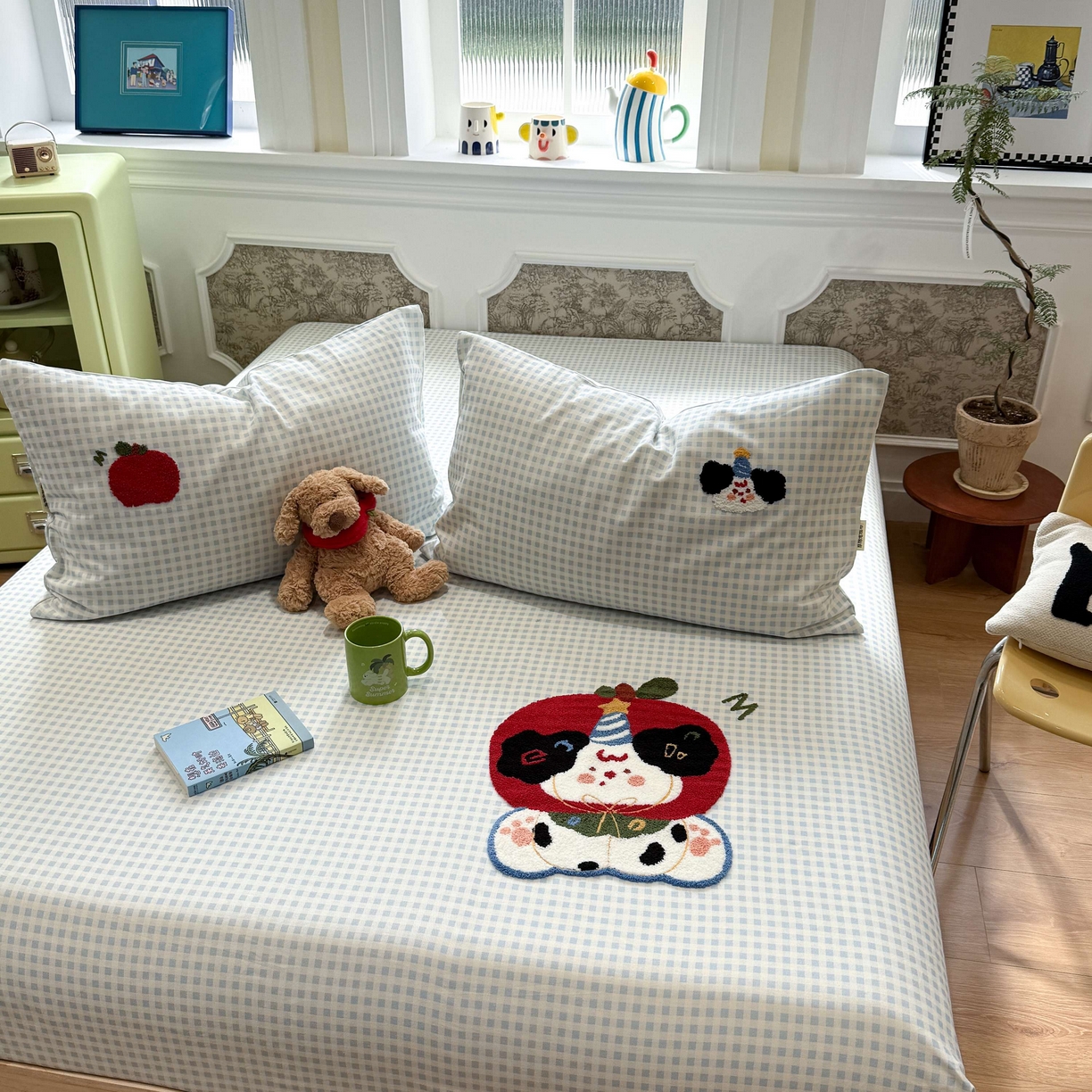 91家纺网 家纺一手货源 找家纺 珺柔家纺 2026新款全棉老粗布床单床笠三件套 蓝格苹果小狗