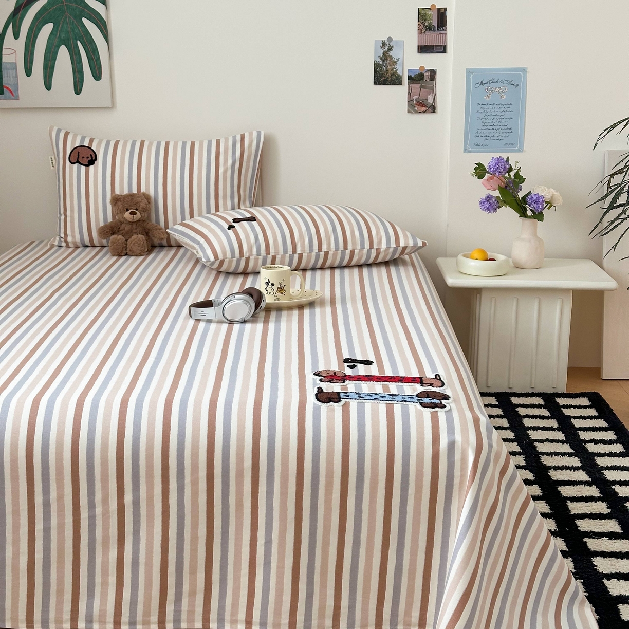 91家纺网 家纺一手货源 找家纺 珺柔家纺 2026新款全棉老粗布床单床笠三件套 Happy小狗