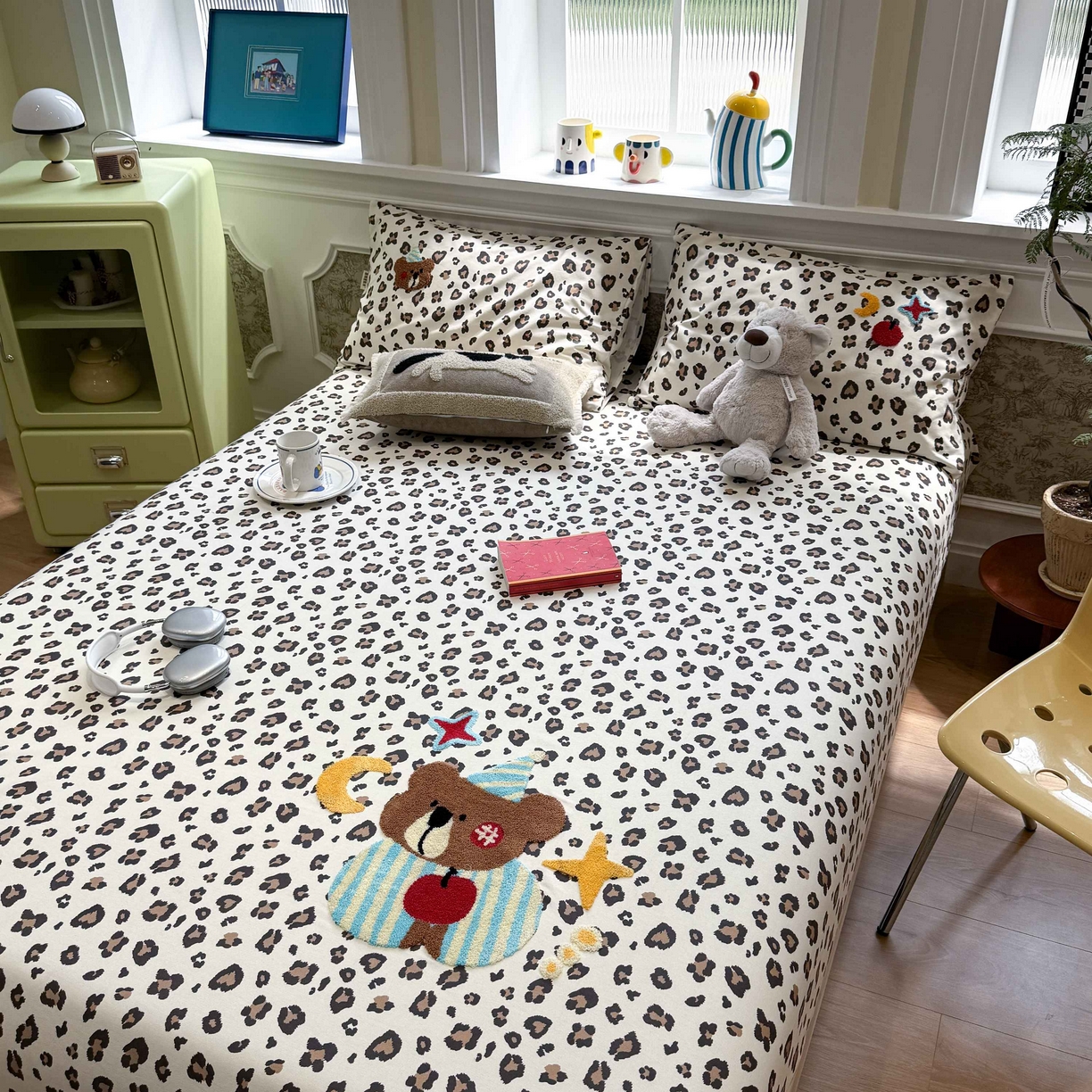 91家纺网 家纺一手货源 找家纺 珺柔家纺 2026新款全棉老粗布床单床笠三件套 豹纹睡衣熊