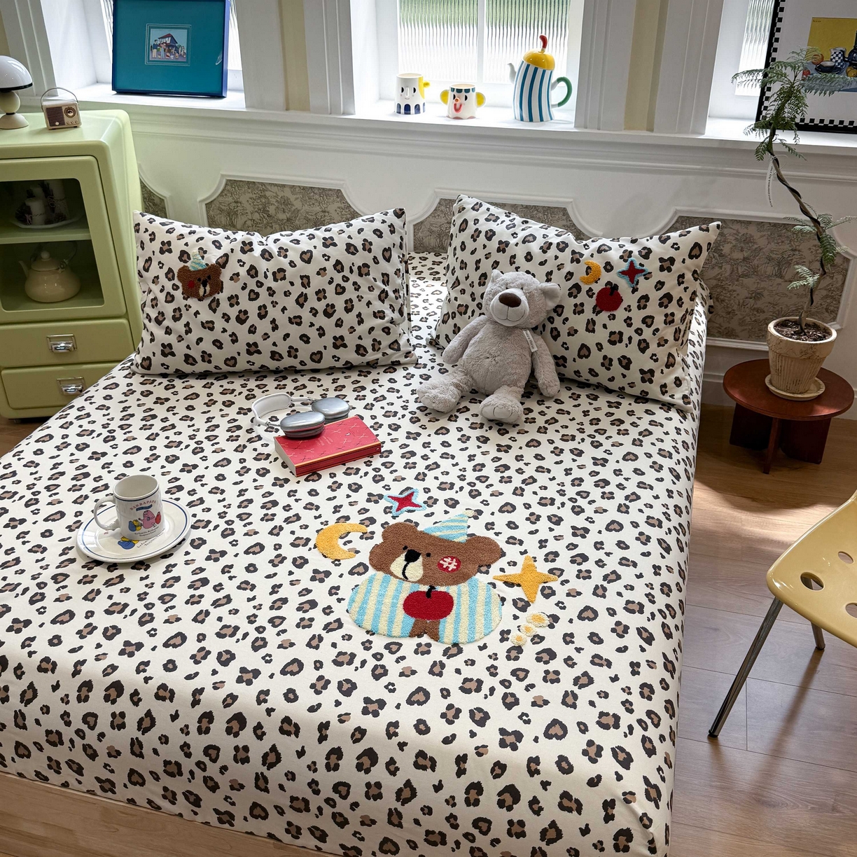 91家纺网 家纺一手货源 找家纺 珺柔家纺 2026新款全棉老粗布床单床笠三件套 豹纹睡衣熊