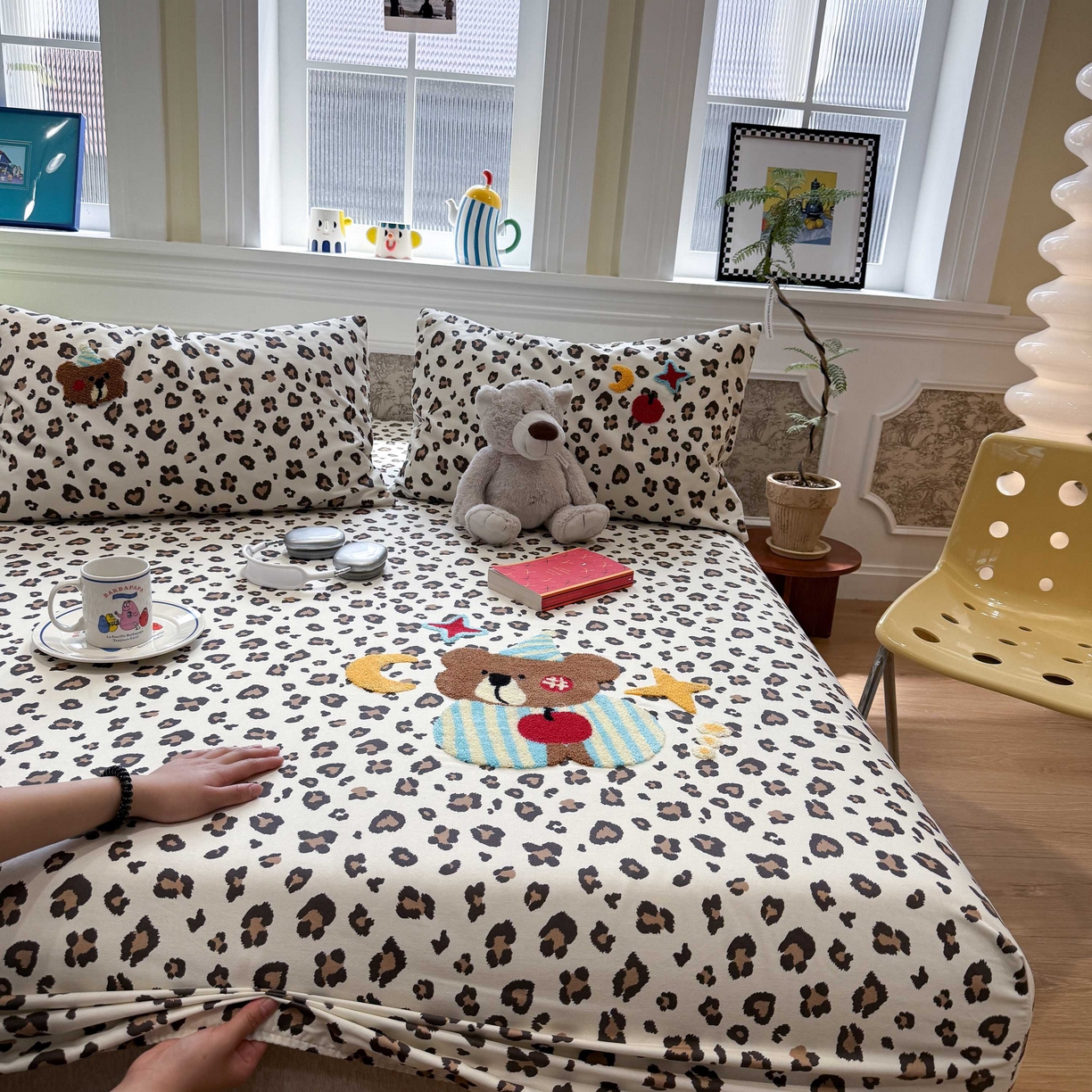 91家纺网 家纺一手货源 找家纺 珺柔家纺 2026新款全棉老粗布床单床笠三件套 豹纹睡衣熊