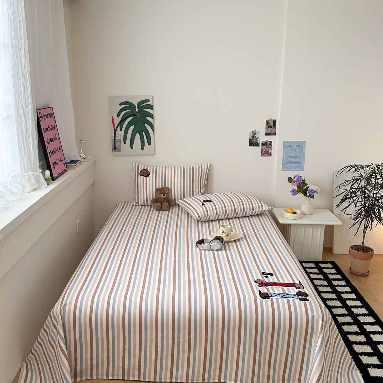 珺柔家纺 2026新款全棉老粗布床单床笠三件套 Happy小狗