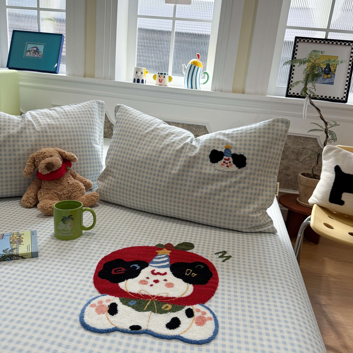 91家纺网 家纺一手货源 找家纺 珺柔家纺 2026新款全棉老粗布床单床笠三件套 蓝格苹果小狗