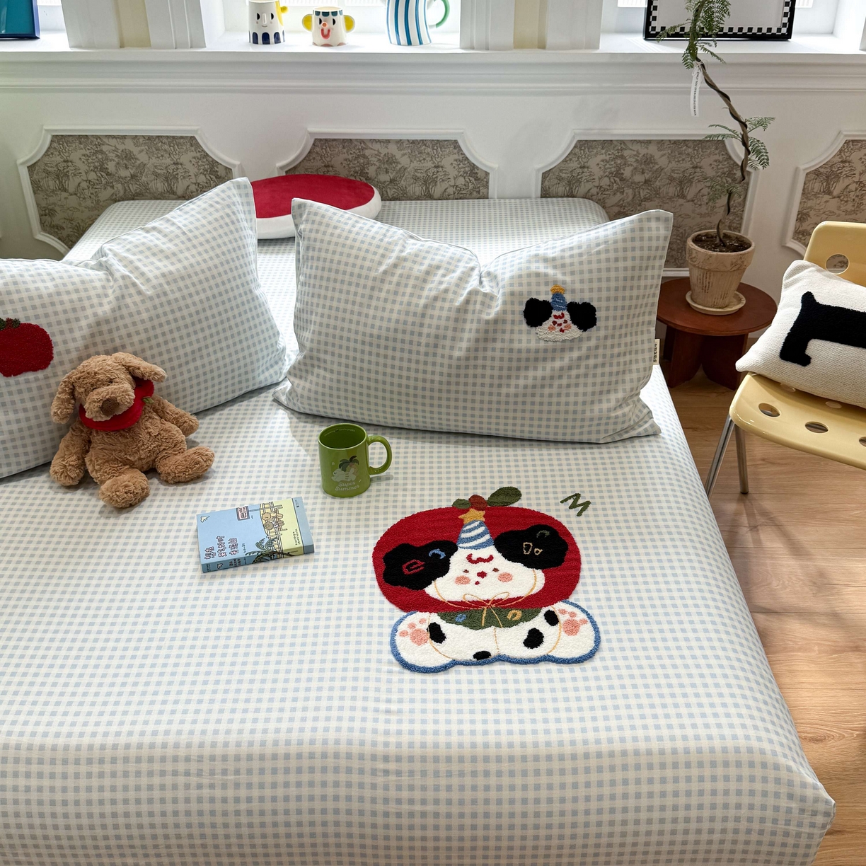 91家纺网 家纺一手货源 找家纺 珺柔家纺 2026新款全棉老粗布床单床笠三件套 蓝格苹果小狗