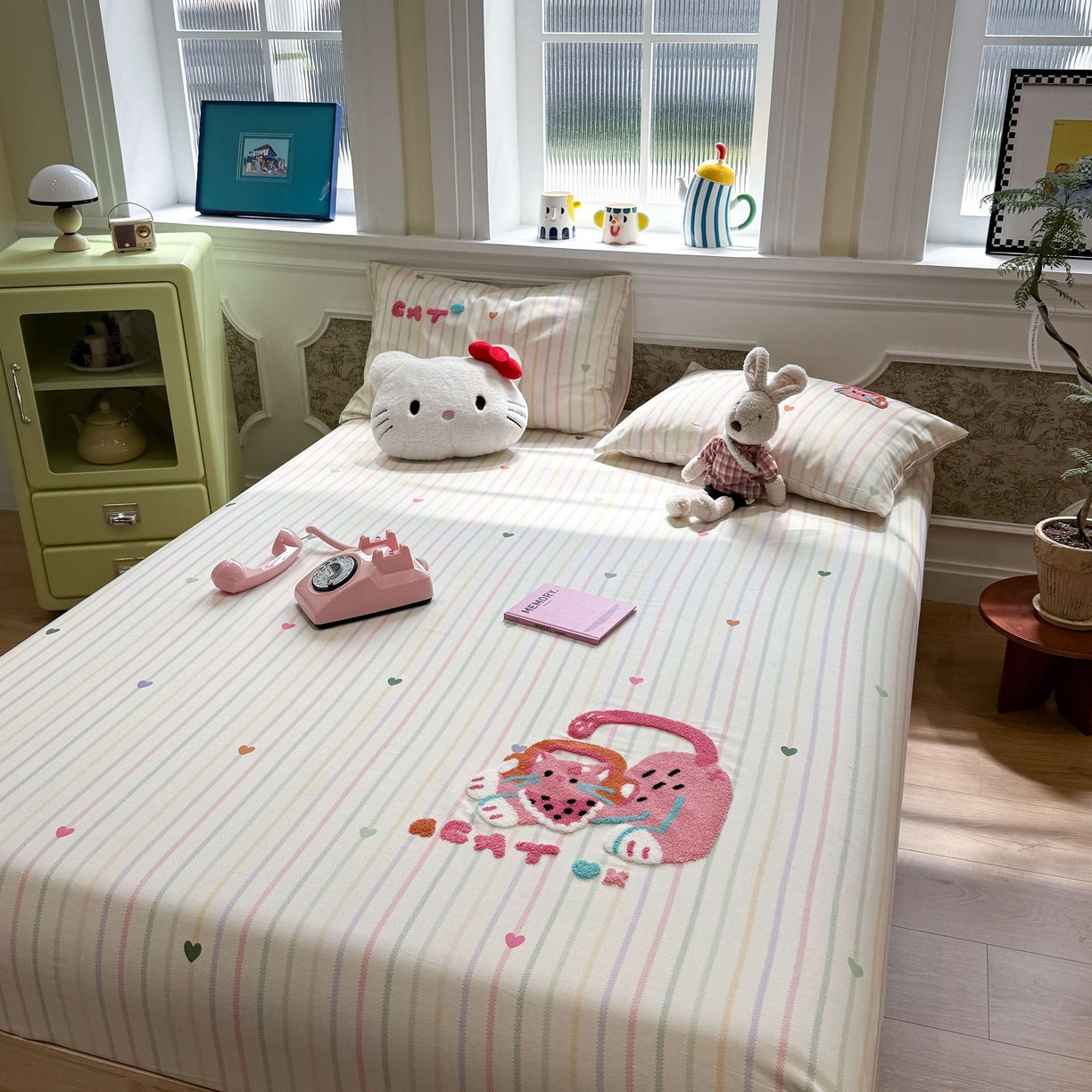 91家纺网 家纺一手货源 找家纺 珺柔家纺 2026新款全棉老粗布床单床笠三件套 音乐小猫