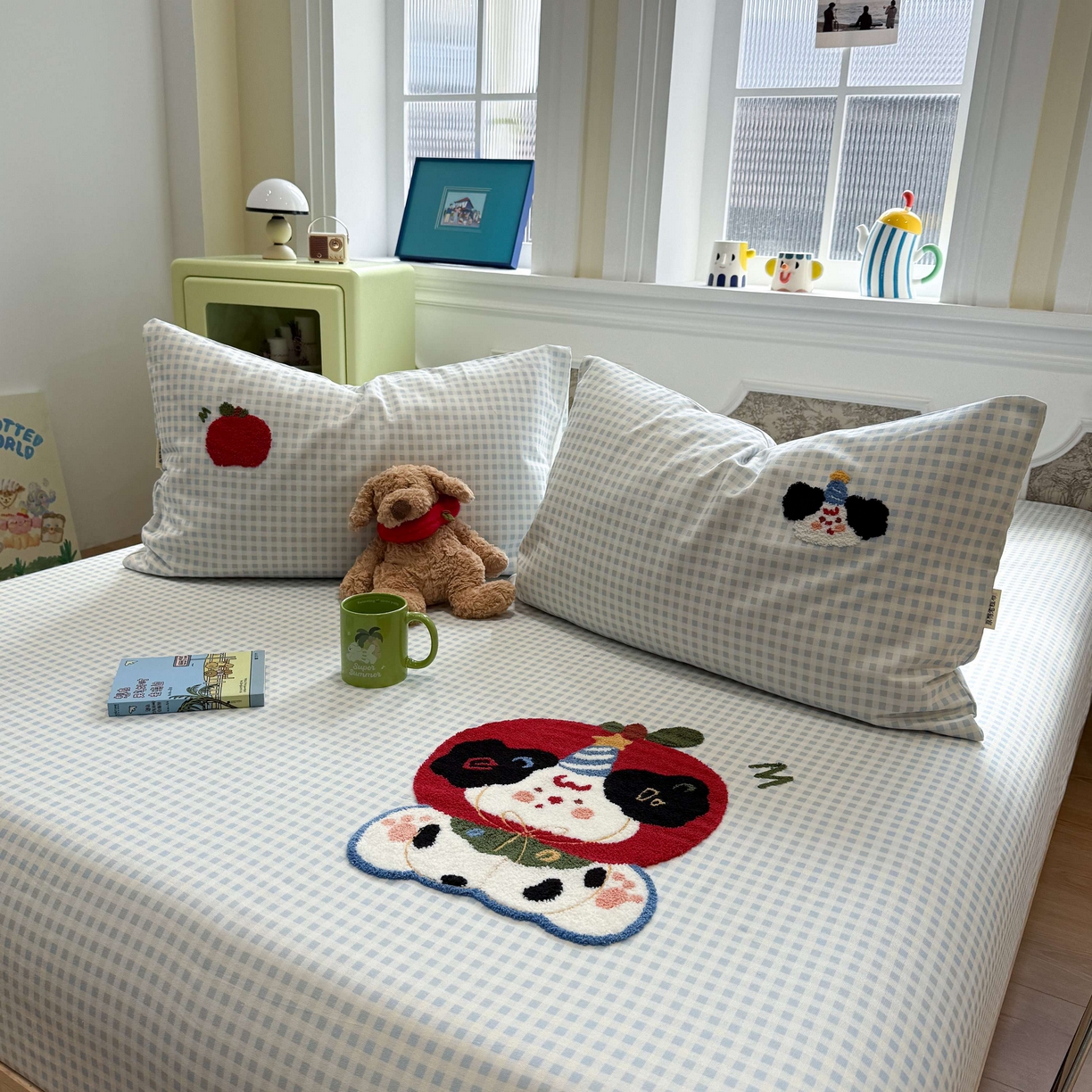 91家纺网 家纺一手货源 找家纺 珺柔家纺 2026新款全棉老粗布床单床笠三件套 蓝格苹果小狗